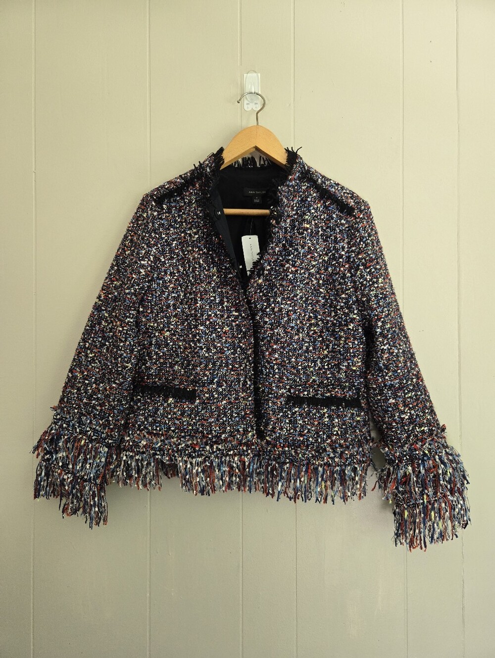 Ann Taylor Nwt Tweed Blazer Fringe Navy Blue Lined Size M Elevated Career Chic